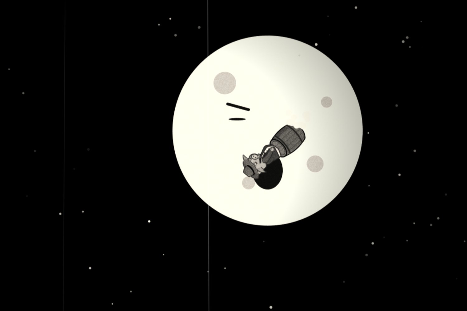 A barrel with a pig in it, embedded in the face of the Man in the Moon