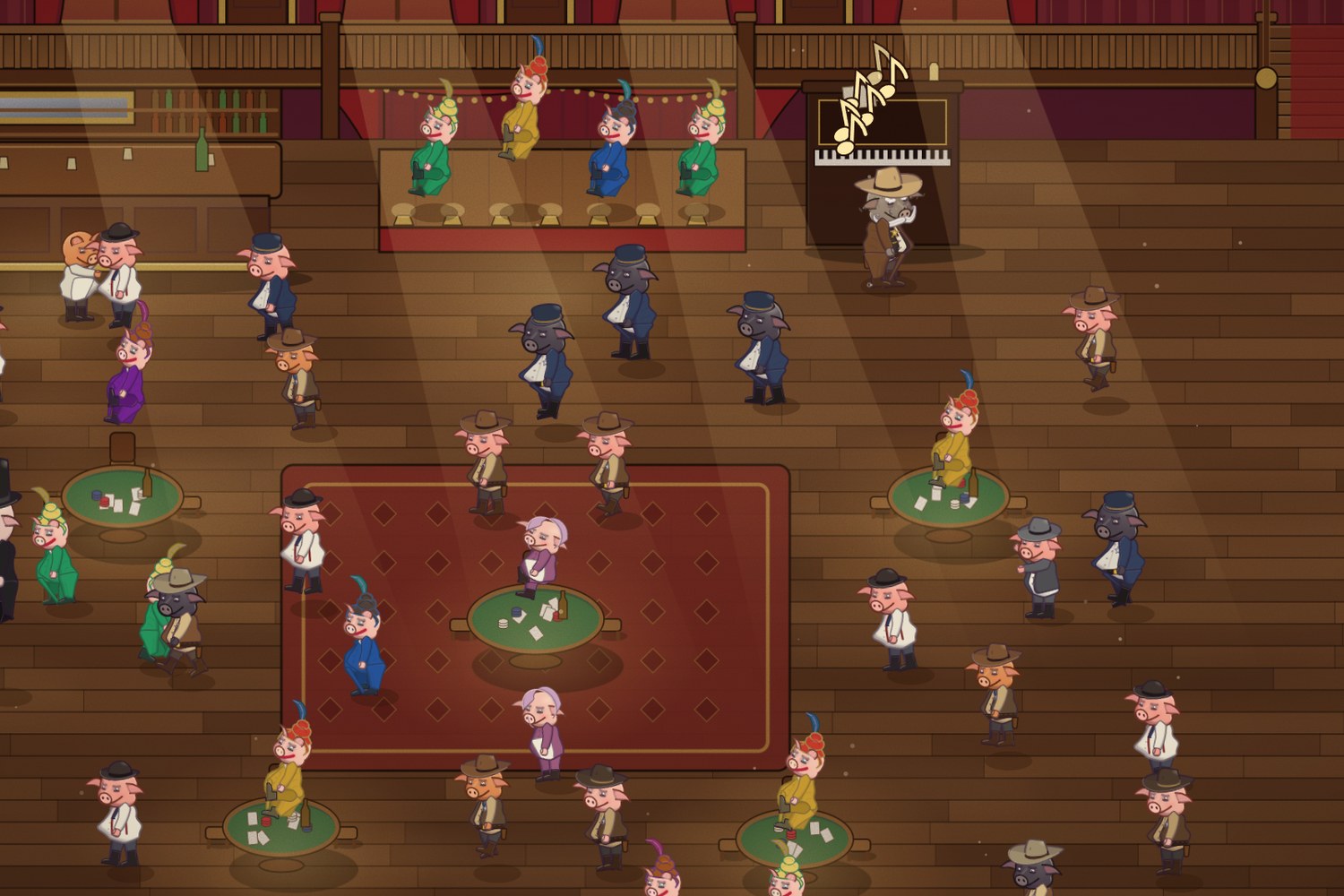 The Painted Trough saloon from above: the Sheriff at the piano and a crowd of pigs dancing between the card tables
