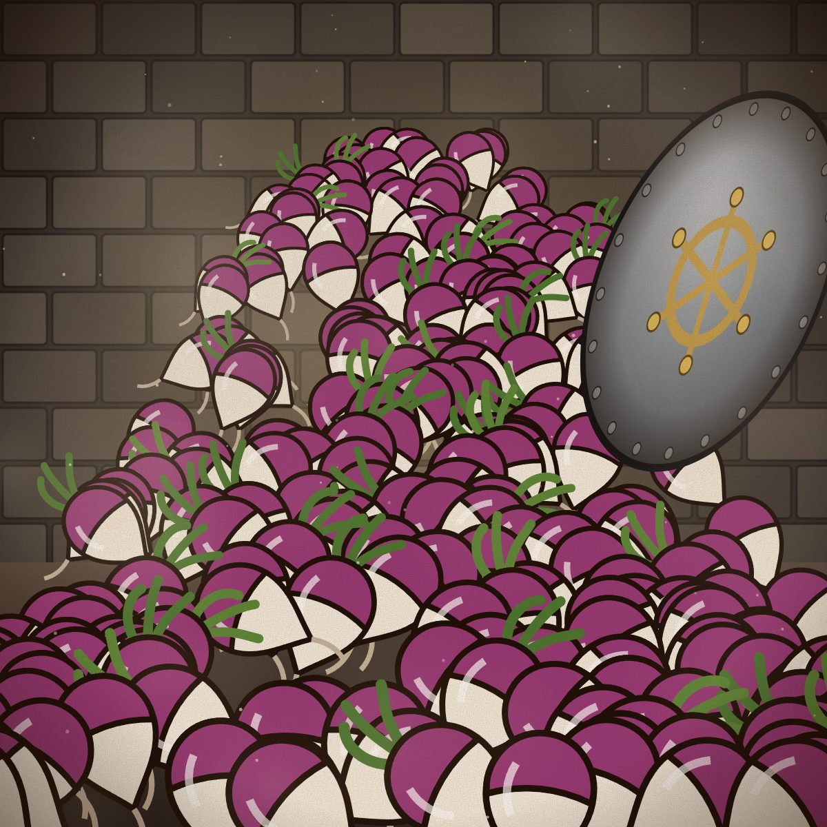 A burst vault door and a landslide of purple-and-white turnips